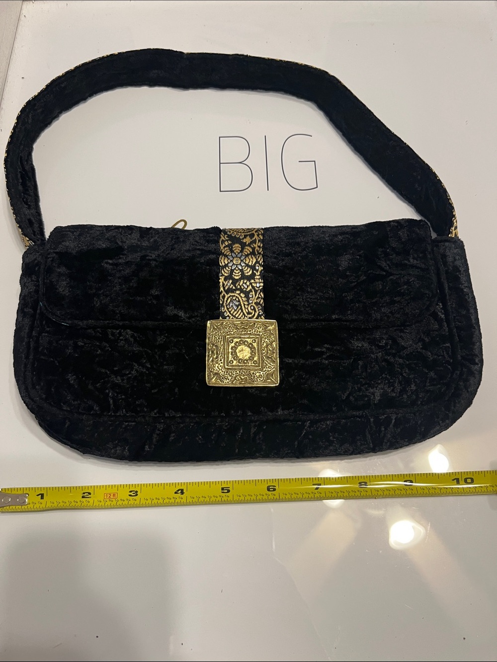 Black Velvet Shoulder Bag with Ornate Gold Accent